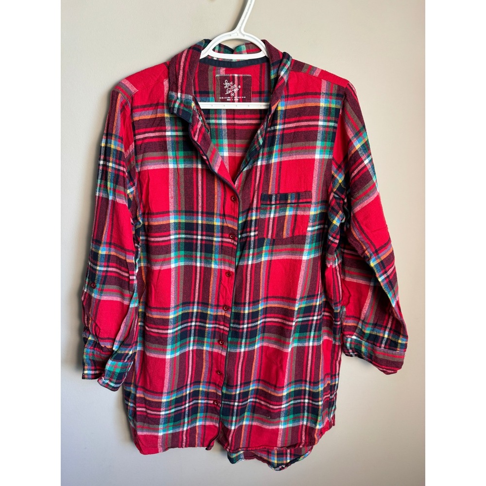 Love To Lounge Womens Red Plaid Flannel Sleep Shirt M Cozy Holiday Cabin Lounge